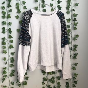 Grey and Patterned Long Sleeve Thin Sweatshirt